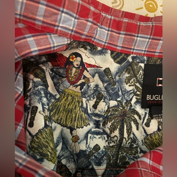 Y2K Bugle Boy Vintage Plaid Shirt Denim Pocket Button Up Red Blue Medium - Picture 8 of 13